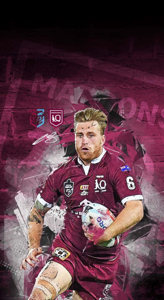 Cameron Munster in maroon Queensland jersey dynamic rugby wallpaper with bold magenta background