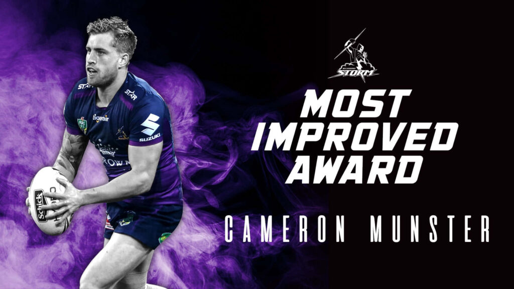 Cameron Munster rugby action wallpaper with purple smoke and Most Improved Award design background