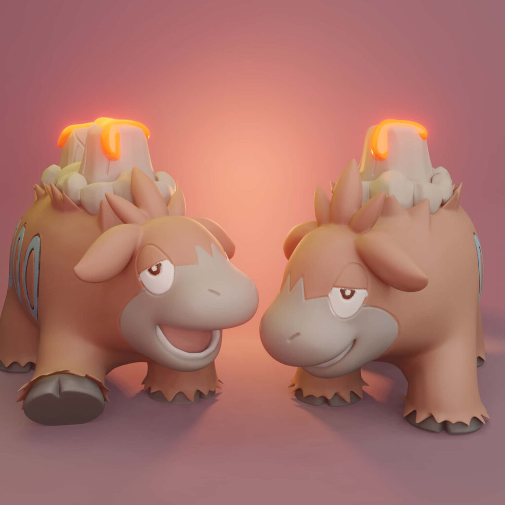 3D Camerupt Pokémon Walking Side by Side: Warm Lava Background Wallpaper