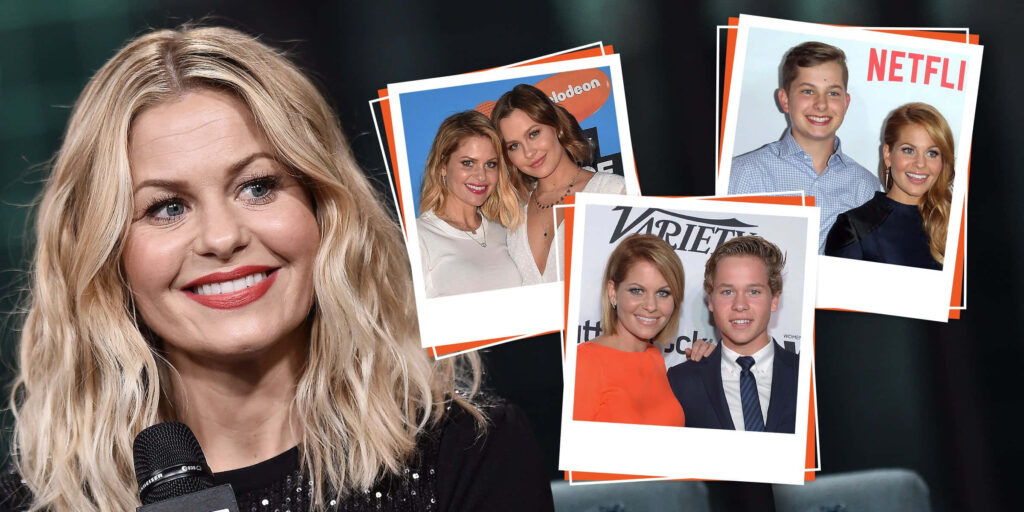 Candace Cameron Bure smiling in blue outfit with vibrant family photo collage modern backdrop Wallpaper