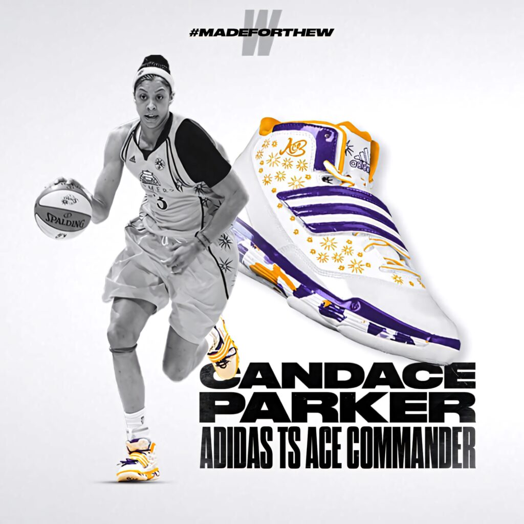 Candace Parker with Adidas TS Ace Commander shoes in white purple gold dynamic sports wallpaper