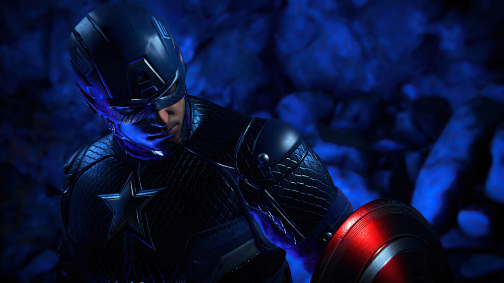 Captain America in detailed blue armor with glowing blue light and textured shield wallpaper