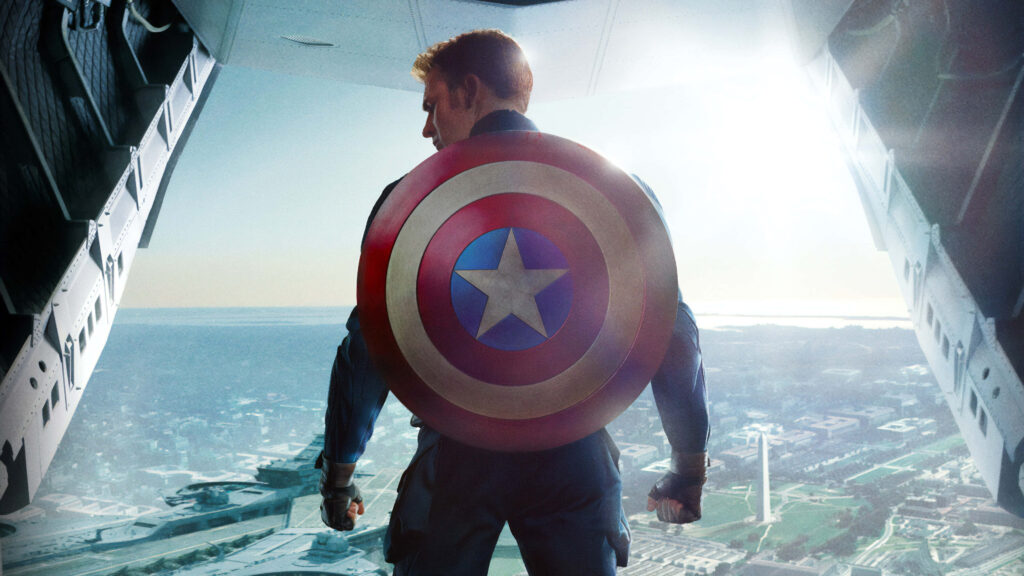 Captain America Chris Evans back view with shield against aircraft high-tech wallpaper background