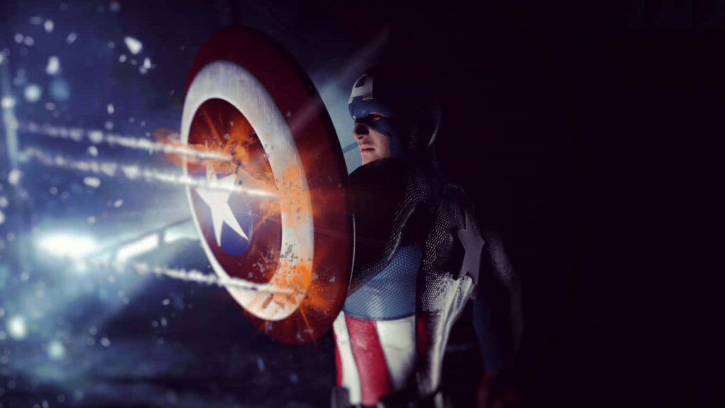 Captain America Unleashes the Power: A Dynamic 1366x768 Wallpaper of the Patriotic Superhero Protecting with a Luminous Shield