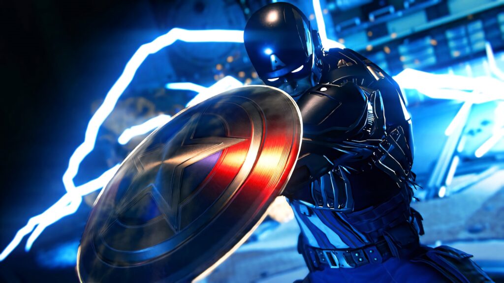 Captain America in armored suit with gleaming star shield and electric blue lightning background Wallpaper