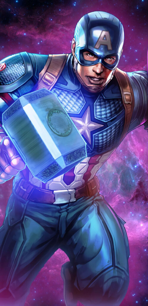 Mighty Captain America Soars through the Galactic Realm, Armed with Mjölnir Wallpaper