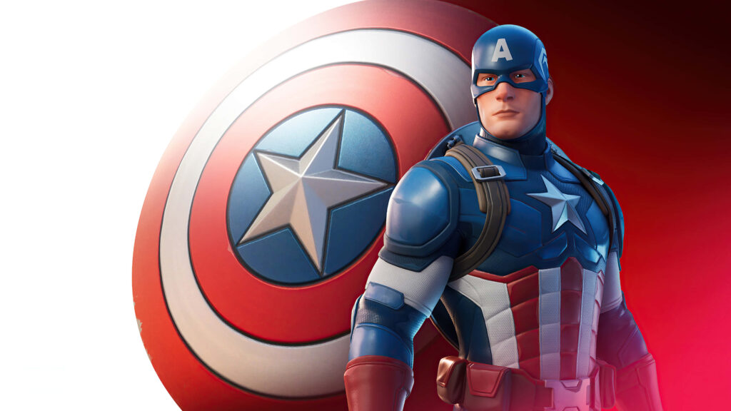 Captain America heroically poses with iconic red white and blue shield in vibrant 4k wallpaper background