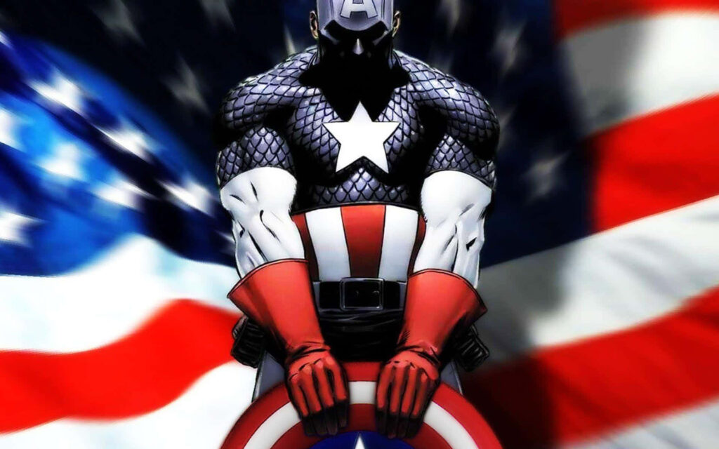 Captain America heroic pose with shield US flag background muscle armor red gloves wallpaper