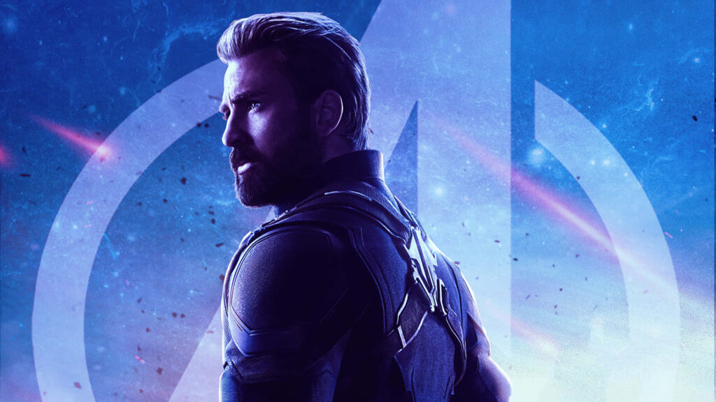 Captain America Infinity War wallpaper with Chris Evans in iconic suit cosmic Avengers logo background