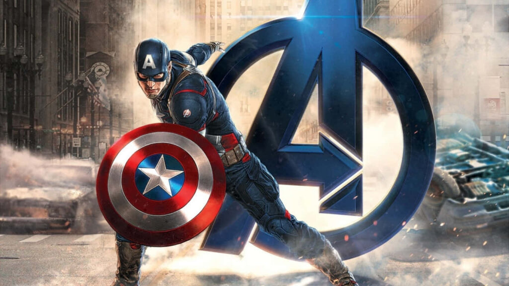 Heroic Captain America Stands Tall with Glowing Cityscape Backdrop and Avengers Emblem Wallpaper