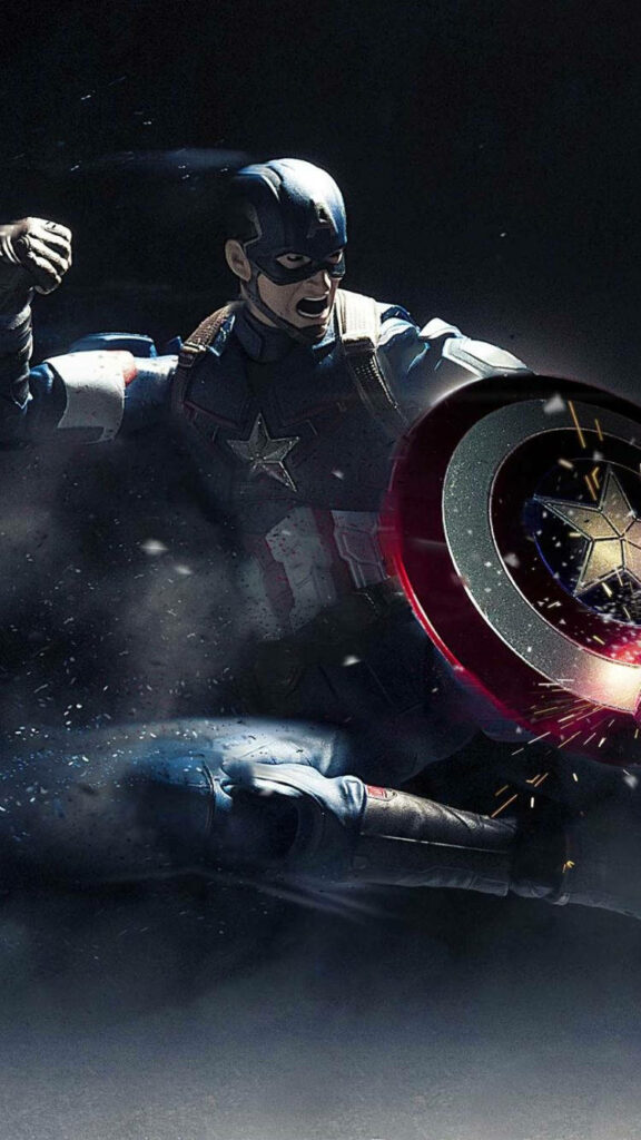 Powerful Captain America Display: The Heroic Avenger Prepares to Battle, Exuding Strength and Determination Wallpaper