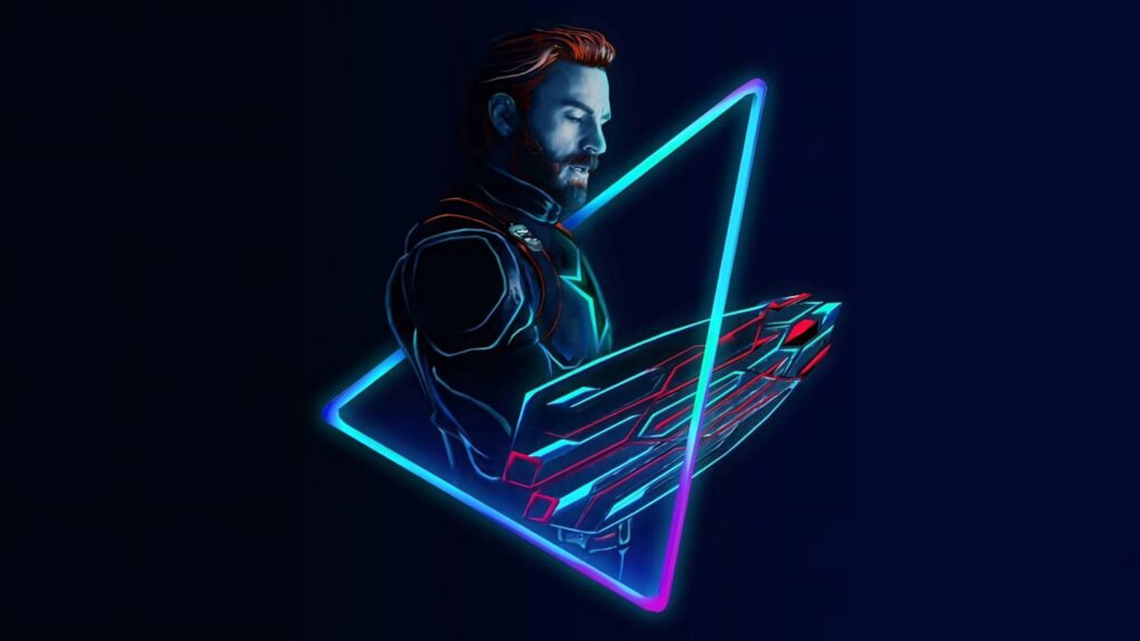 Captain America neon art wallpaper with blue pink highlights and dynamic triangular frame background
