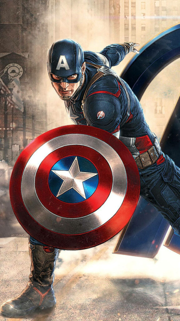 Captain America ready for battle with iconic shield in gritty urban background wallpaper