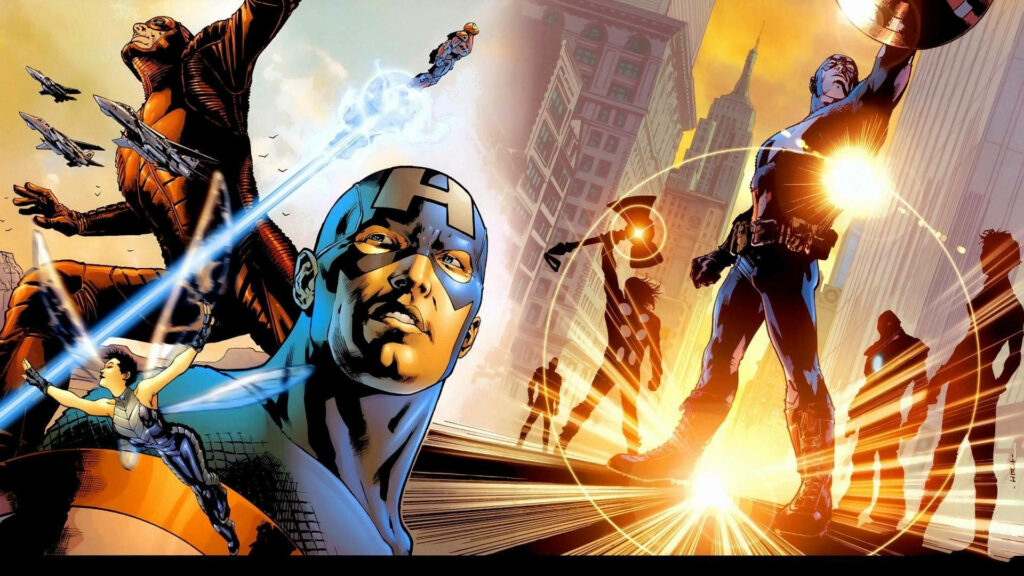 Captain America: A Three-Plane Adventure with Magical Touches and Silhouetted Allies Wallpaper