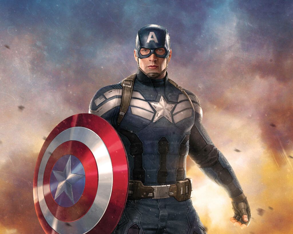 Captain America: The Sentinel of Heroic Might, poised for battle in a patriotic panorama Wallpaper