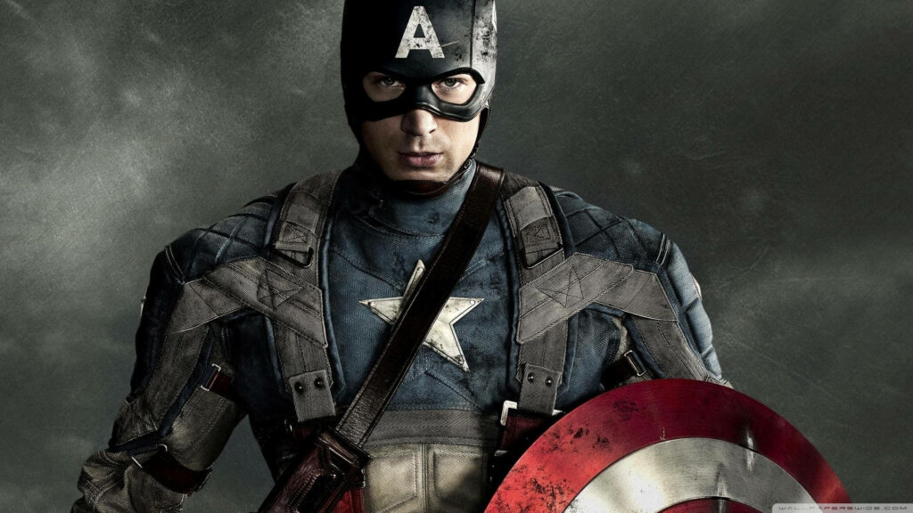 Captain America heroic pose with shield against dark stormy clouds dramatic lighting wallpaper