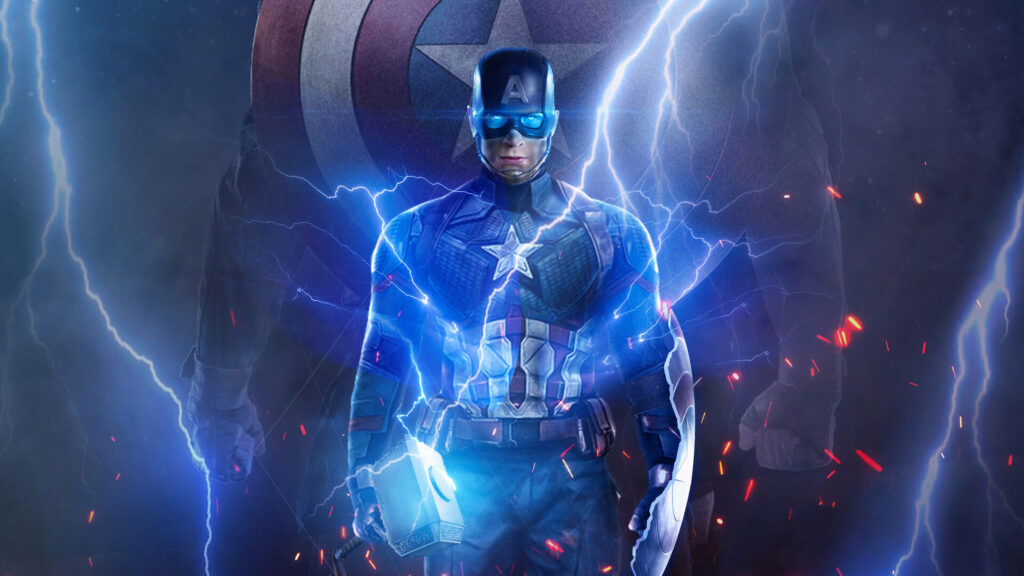Powerfully Electrifying: Captain America Unleashing Mjölnir's Might with Shield in the Background - Laptop Wallpaper