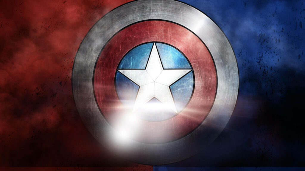 Captain Americas vibrant vibranium shield glowing with metallic shine on red and blue smoky background Wallpaper