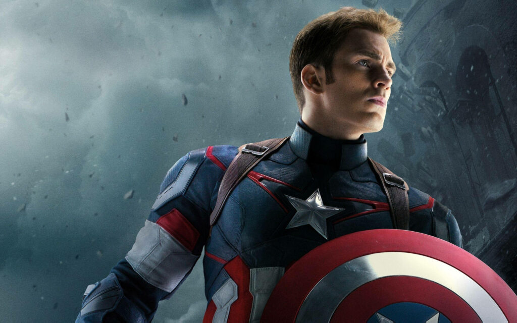 Captain America in classic suit holding shield with stormy background and dramatic lighting wallpaper