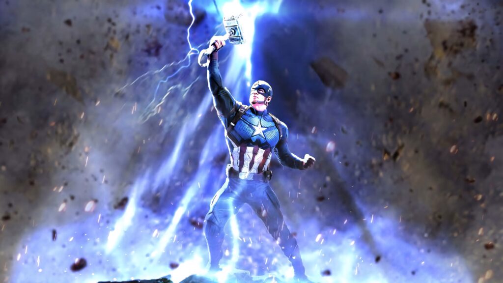 Captain America wielding Mjolnir with lightning in dramatic blue white lighting action pose wallpaper
