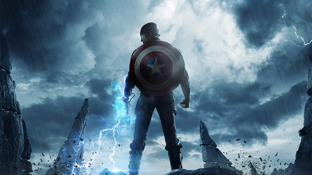 Captain America with shield and Mjolnir summons lightning under stormy sky Avengers Endgame wallpaper