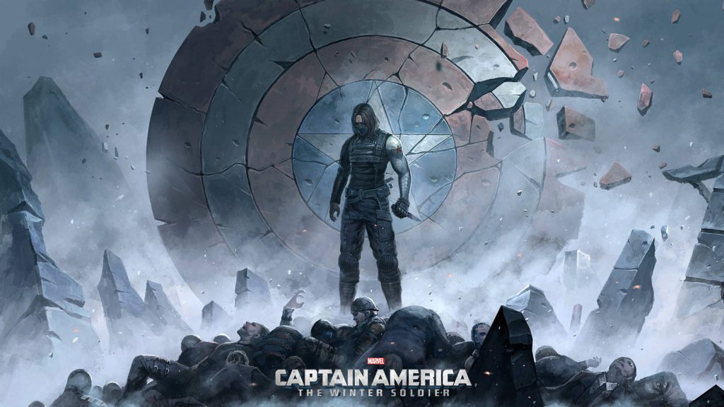 The Winter Soldier stands on a dark battlefield with a broken Captain America shield behind him Wallpaper