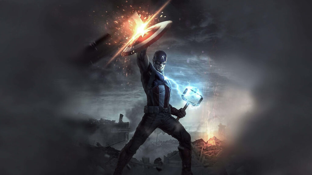 Captain America's Electrifying Triumph: Embracing Mjölnir's Power in Marvel's Avengers: Endgame Fanart Wallpaper