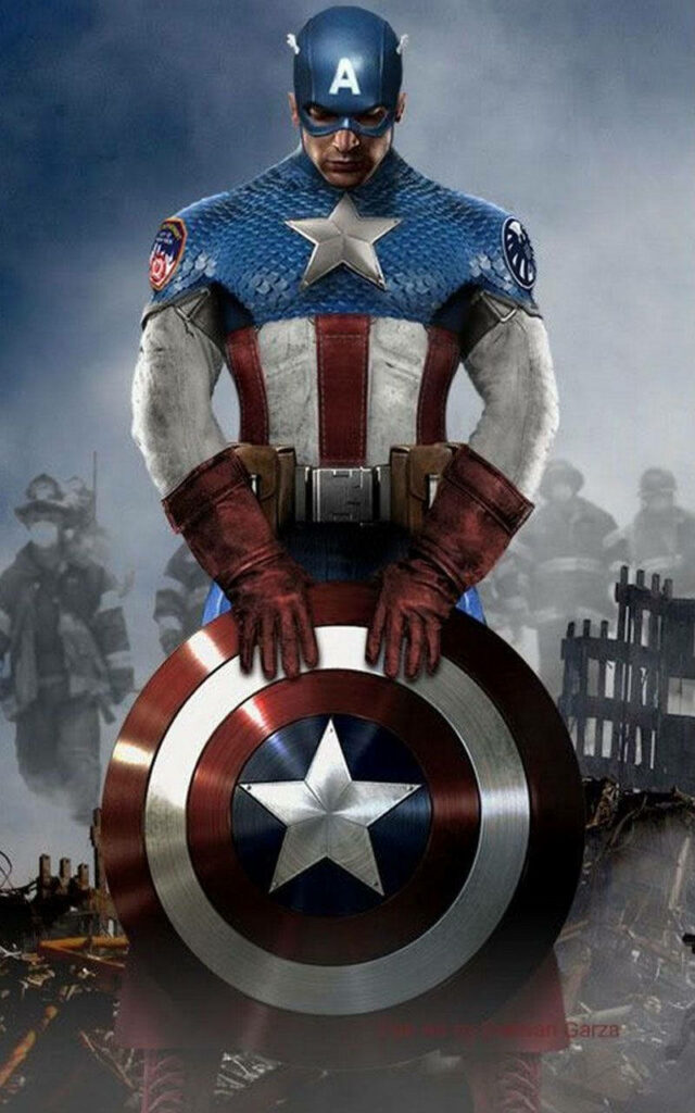 Captain America's Vigilance Shines Amidst Ruins: A Majestic Mobile Background Depicting the Iconic Hero Staunchly Protecting with His Indestructible Shield Wallpaper
