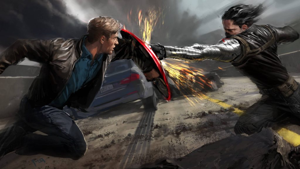 Digital illustration of Captain America versus Winter Soldier intense highway battle with sparks Wallpaper