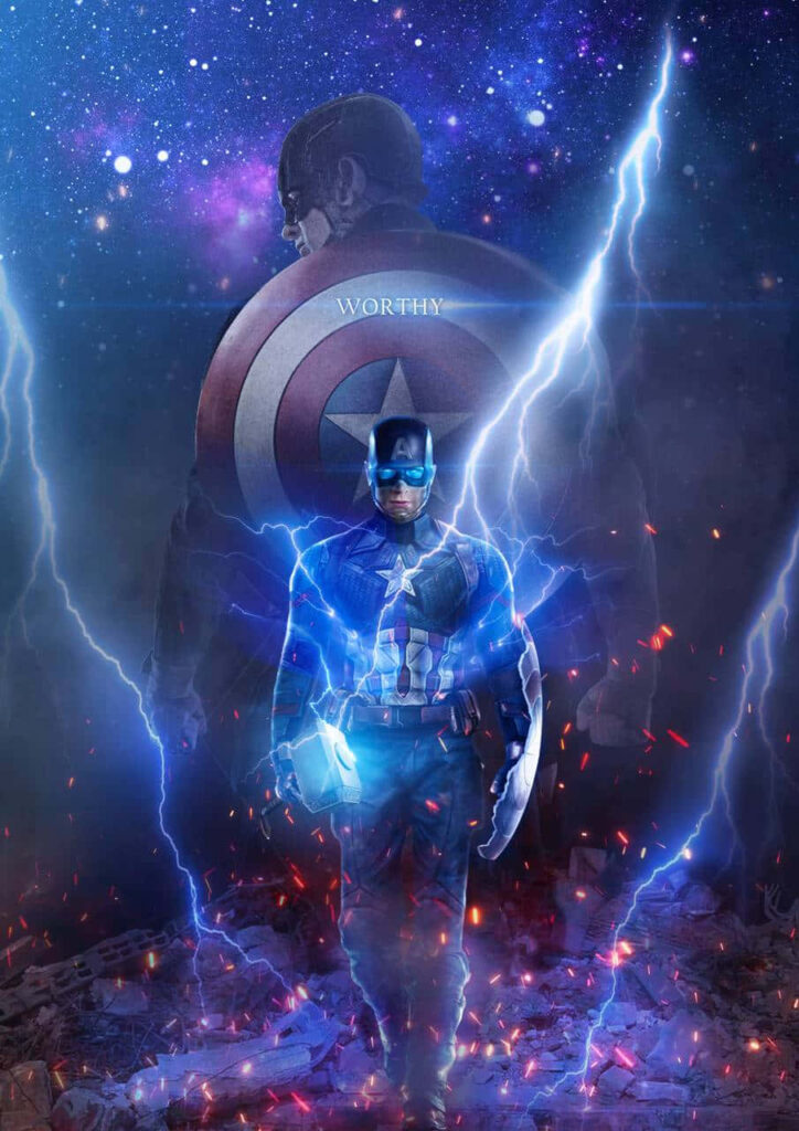 Galactic Guardian: Captain America Unleashes the Power of Mjölnir and Vibranium Shield in Spectacular Mobile Wallpaper