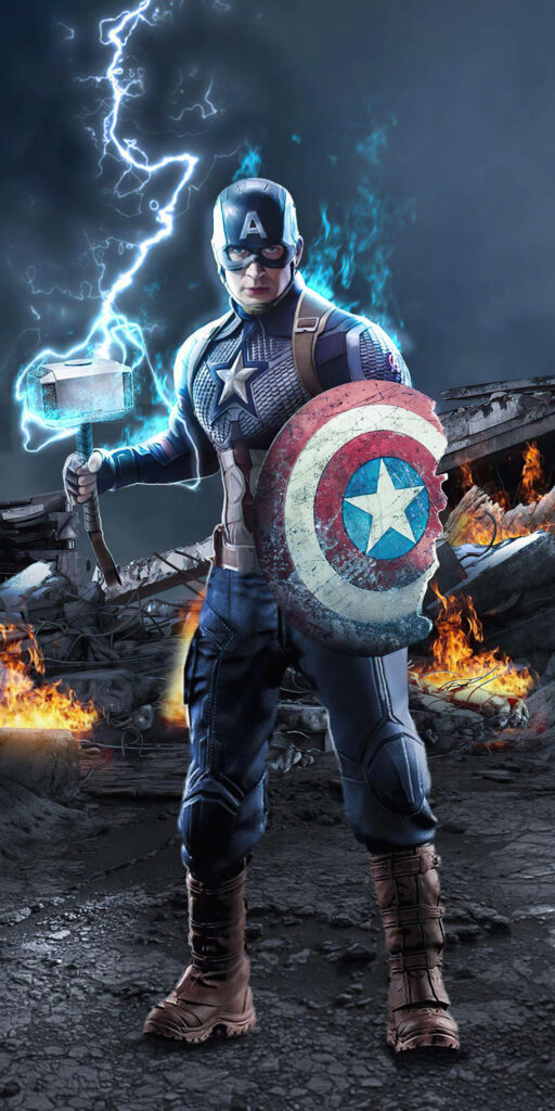 Powerful Captain America: A Fiery Backdrop, Lightning Hammer in Hand. Wallpaper