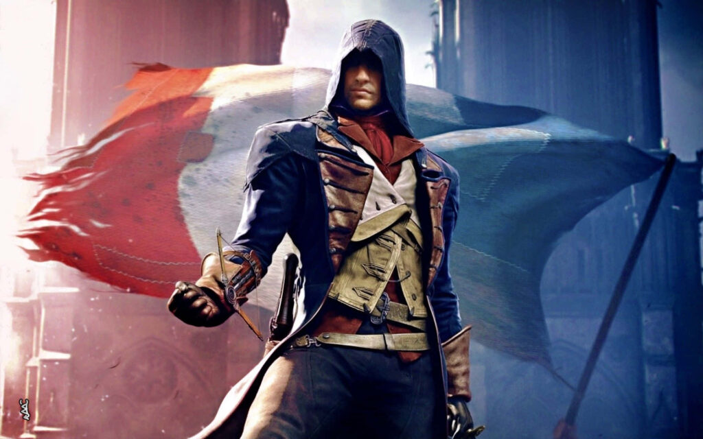 Captain Arno Dorian in Assassin's Creed Unity standing before a torn French flag wallpaper background