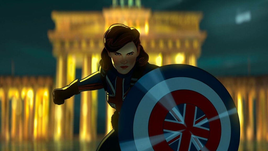 Vibrant Captain Carter Wallpaper: Heroic Stance & Union Jack Shield