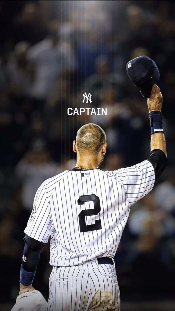 Captain Derek Jeter raising cap in Yankees pinstripe uniform with stadium background wallpaper