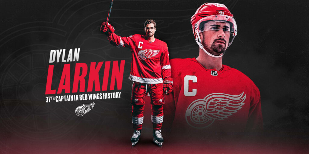 Captain Dylan Larkin Detroit Red Wings digital art wallpaper full-body action and close-up portrait