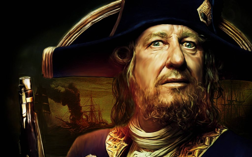 Digital art of Geoffrey Rush as Captain Barbossa with tricorn hat pistol and burning ship background Wallpaper