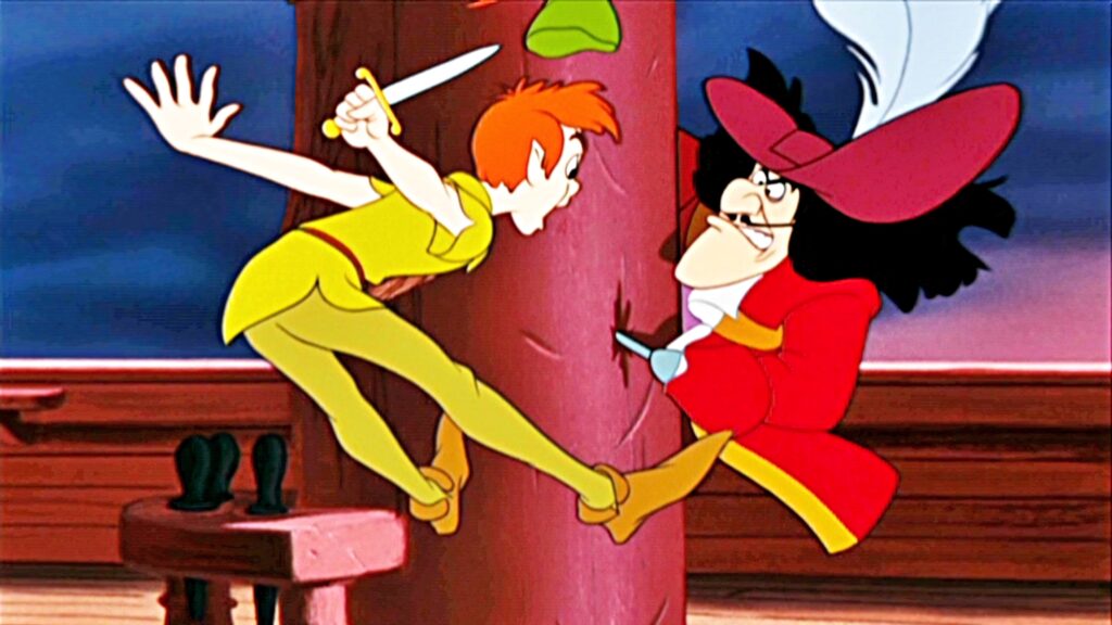 Captain Hook chases Peter Pan on ship vibrant animated wallpaper bold colors classic cartoon style