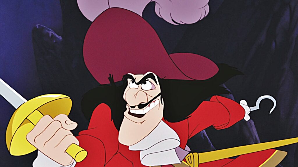 Captain Hook from Disney Peter Pan in red coat with hook and golden sword vibrant 2D wallpaper