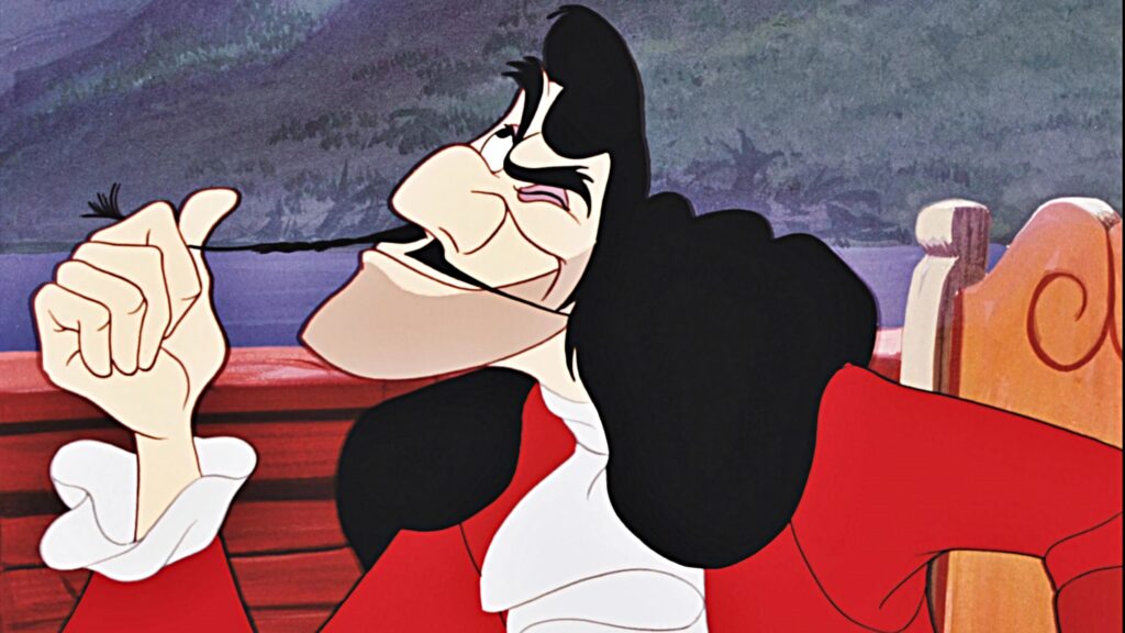 Captain Hook Disney wallpaper with iconic red coat curly mustache and whimsical painted background