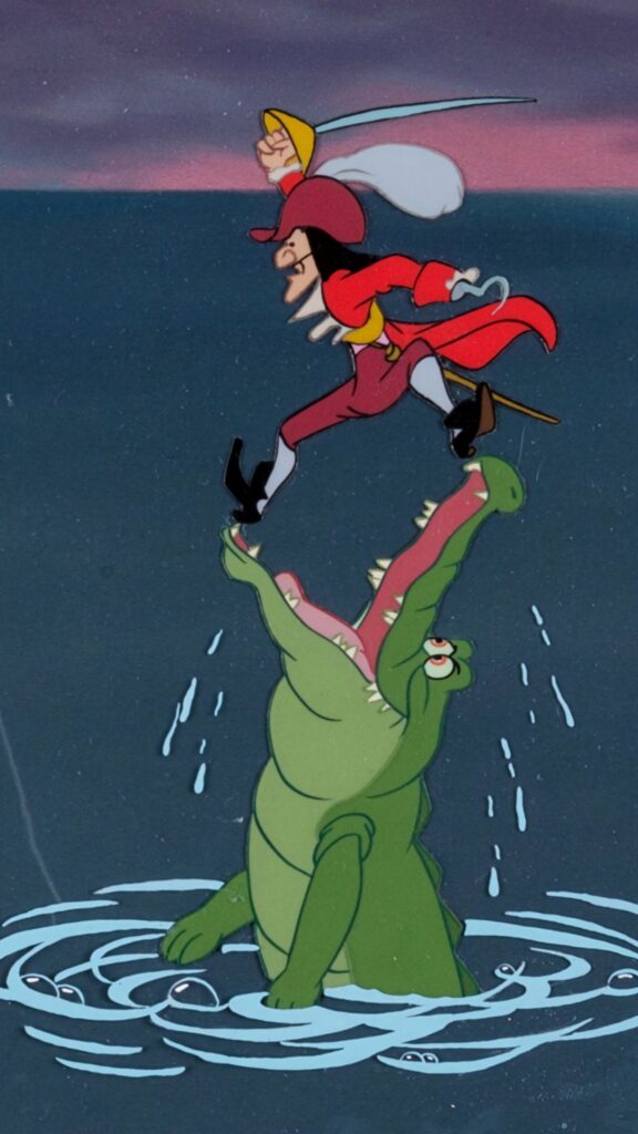 Captain Hook jumps over Tick Tock the Crocodile in vibrant Peter Pan cartoon wallpaper background