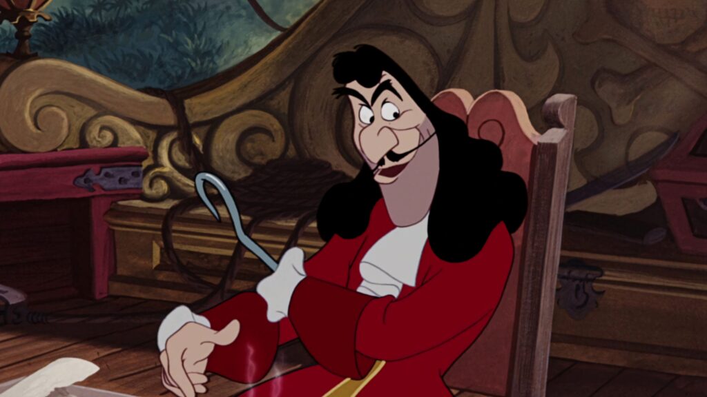 Captain Hook in red coat with steel hook hand on ornate pirate ship background wallpaper