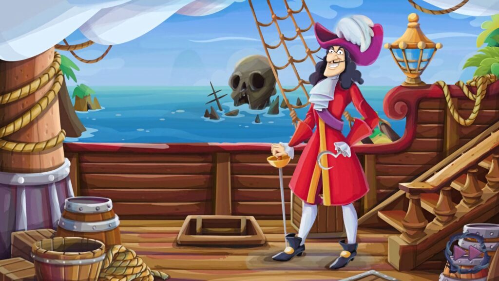 Captain Hook confident on pirate ship with wooden textures barrels ropes tropical sea skull island Wallpaper