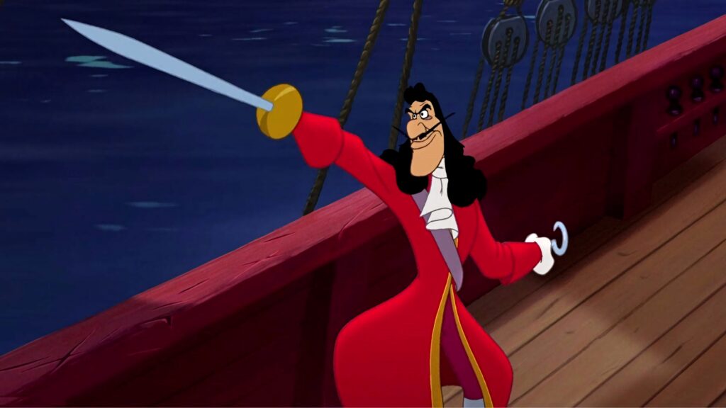 Captain Hook with gleaming sword on pirate ship at night vibrant animation wallpaper background