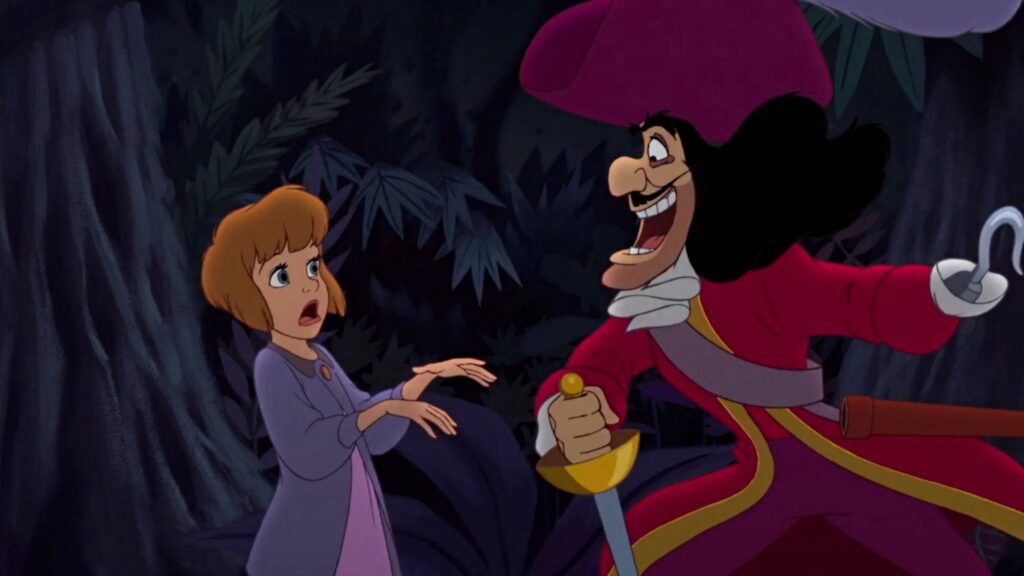 Captain Hook in red and purple scaring Jane with hook and sword in dark jungle wallpaper