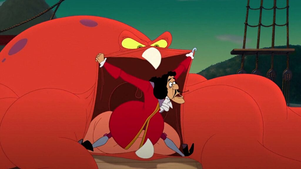 Captain Hook in red coat caught in jaws of giant red sea creature with yellow eyes on pirate ship Wallpaper