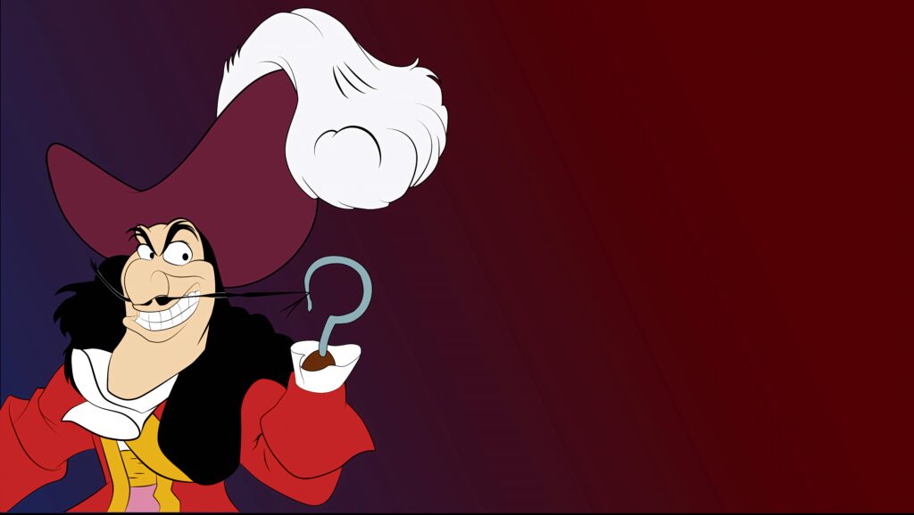 Captain Hook from Peter Pan grinning in maroon hat and red coat on burgundy wallpaper background