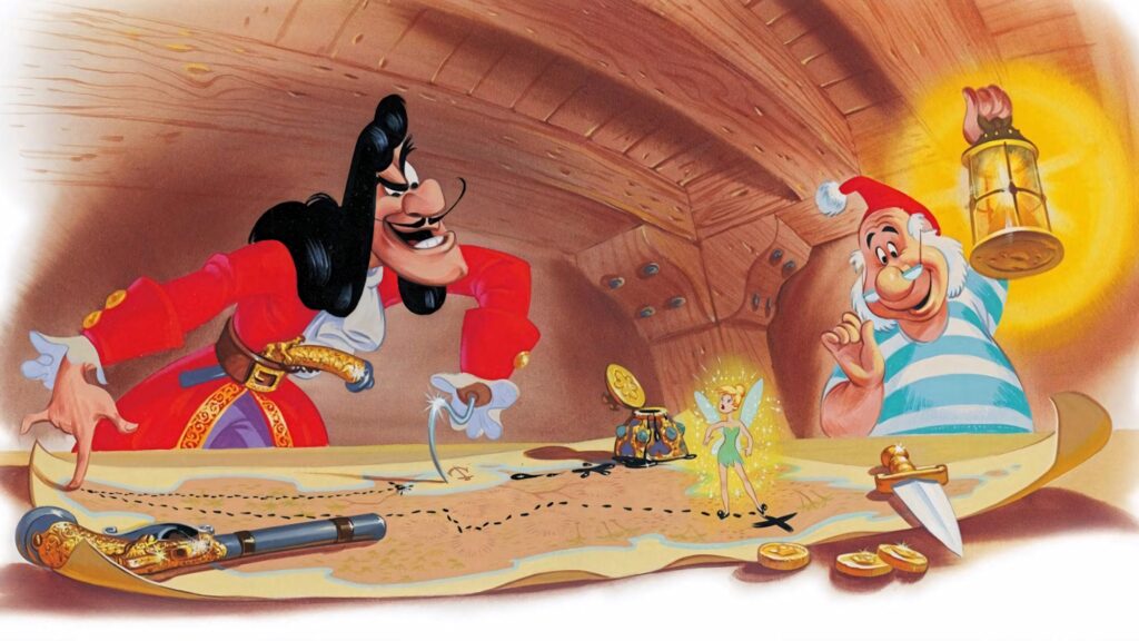 Captain Hook and Mr Smee examine treasure map with lantern light gold coins and Tinker Bell wallpaper