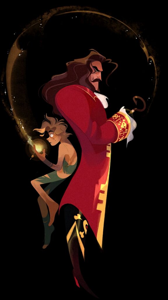 Peter Pan and Captain Hook vibrant artwork wallpaper with dynamic poses and rich colors