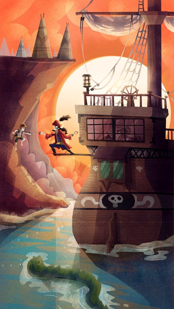 Captain Hook and Peter Pan duel on pirate ship at sunset with crocodile below dramatic lighting Wallpaper