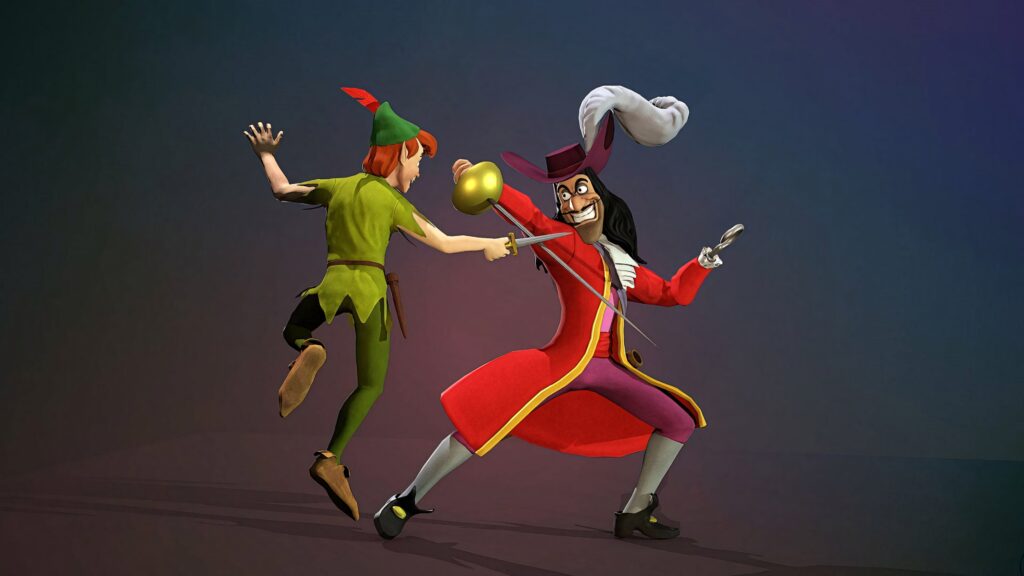 Captain Hook and Peter Pan sword fight vibrant wallpaper dramatic lighting intense rivalry art